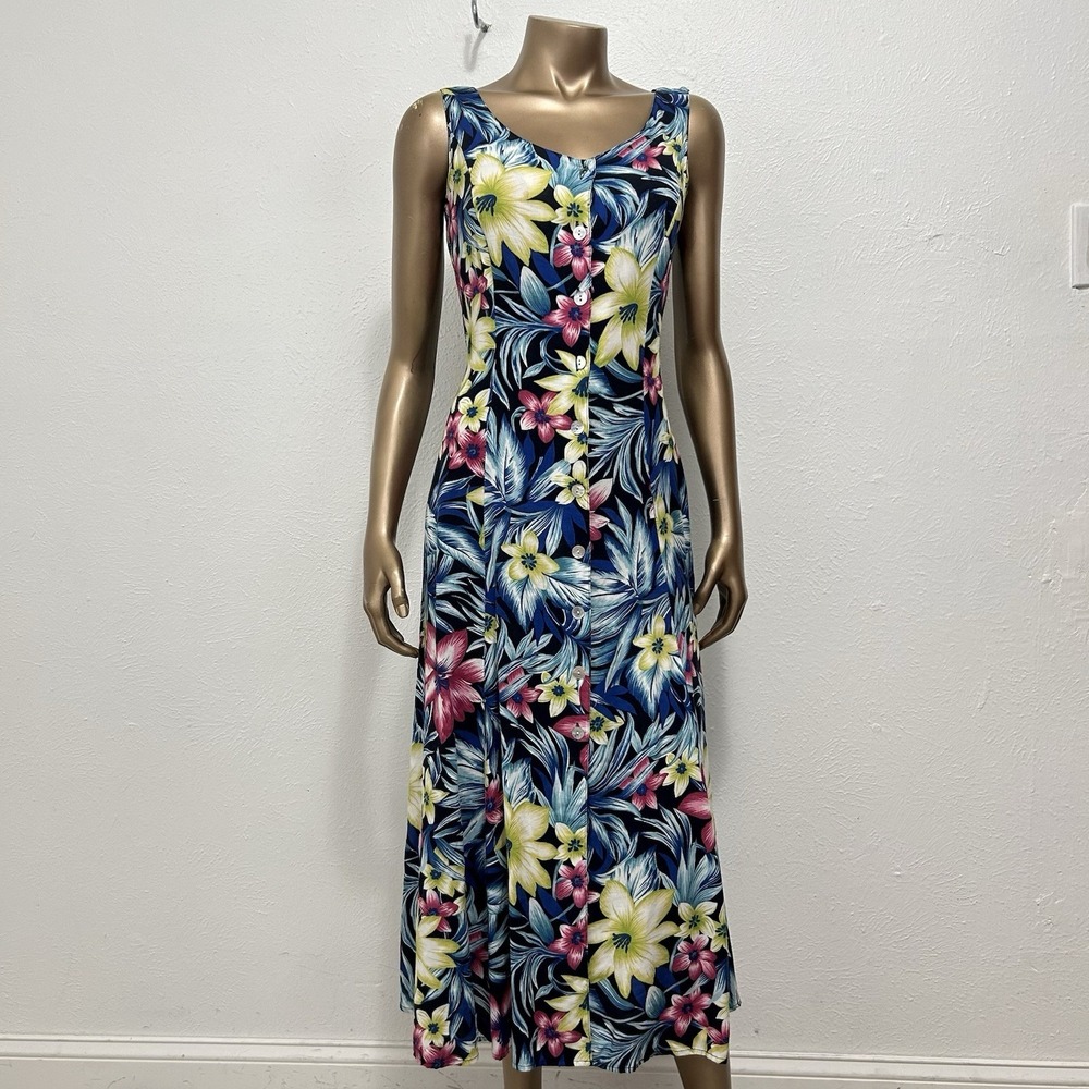Vintage Robbie Bee Blue Tropical Floral Button Up Maxi Dress Size 4 Vacay Spring